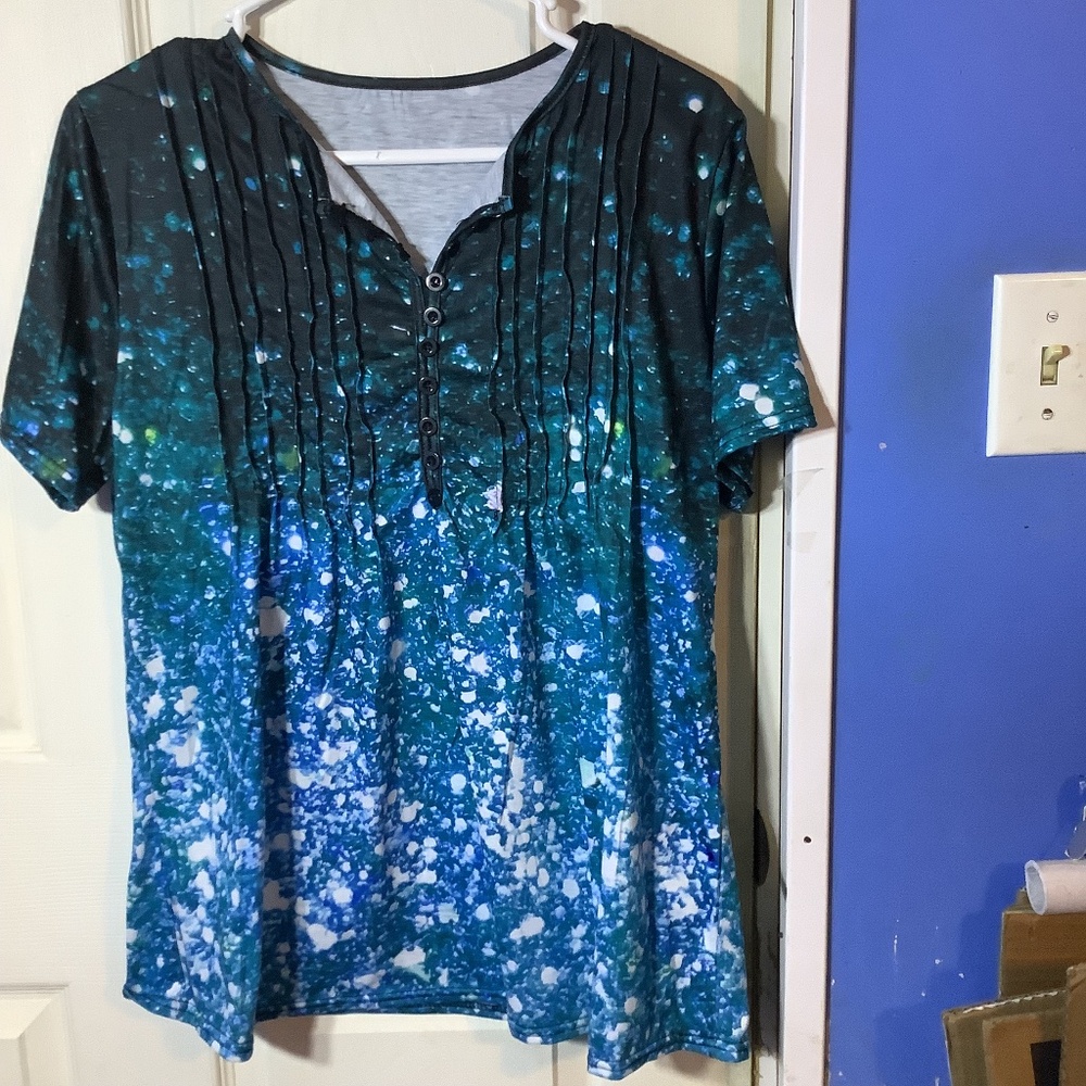 Women’s short sleeve Pleated Henley casual summer tunic top Size L